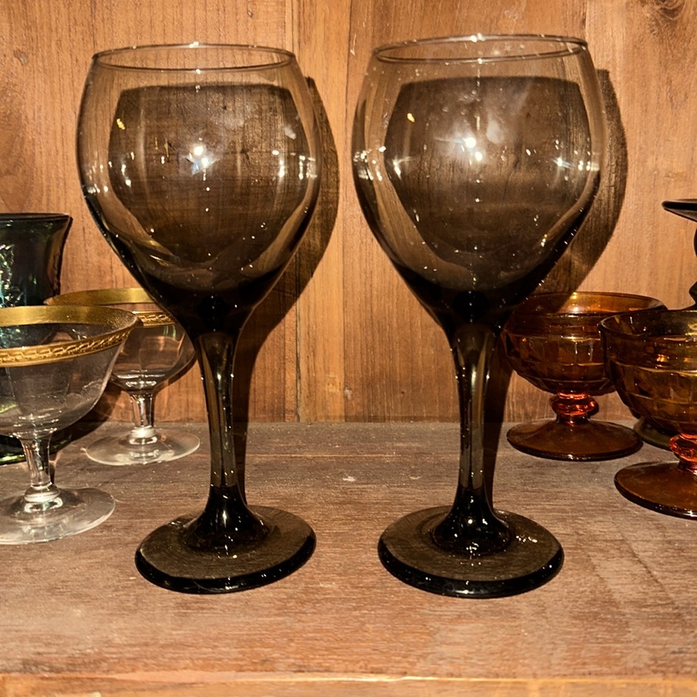 vintage smoky gray stemmed wine glasses. Set of 2.